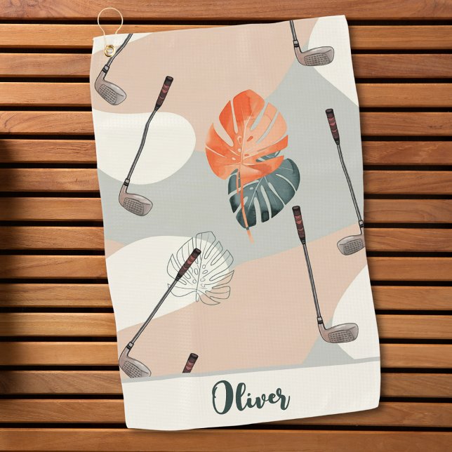 Boho Golf Clubs Pattern with Tropical Leaves Towel (Creator Uploaded)