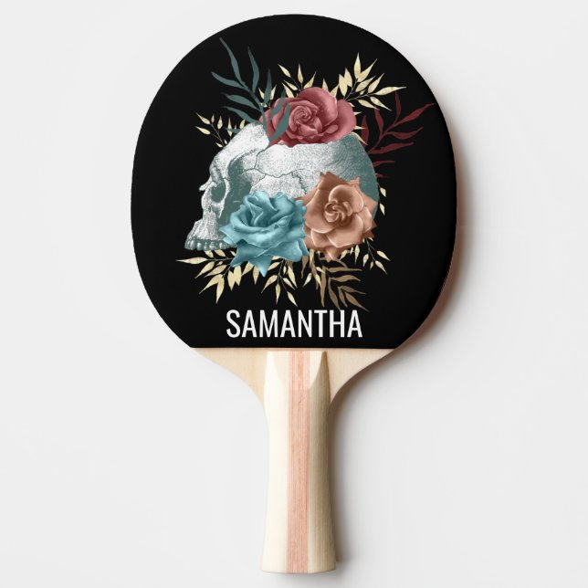 Boho Goth floral Skull Personalised name Ping Pong Paddle (Front)
