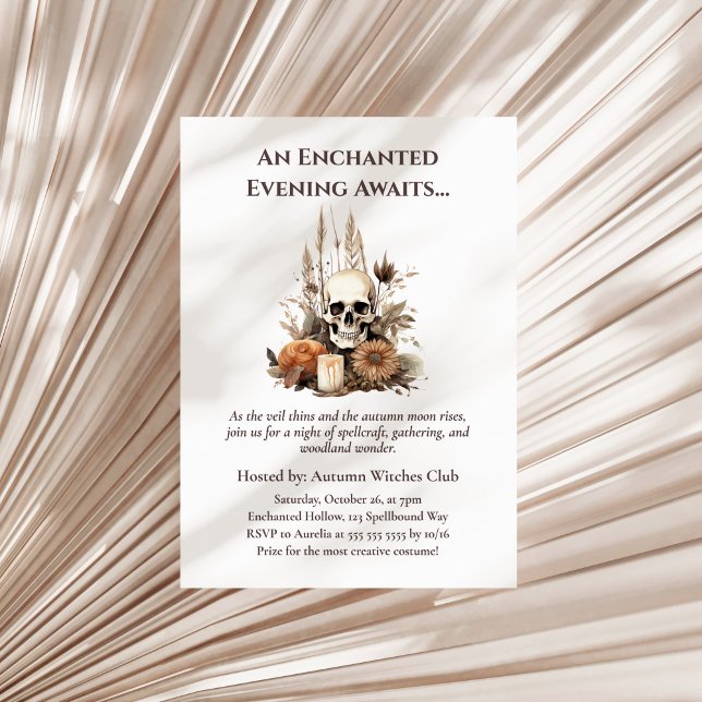 Boho Gothic Fall Party with Skull and Flowers Invitation (Boho Gothic Fall Party with Skull and Flowers Invitation on a sunny neutral dry palm leaf.)