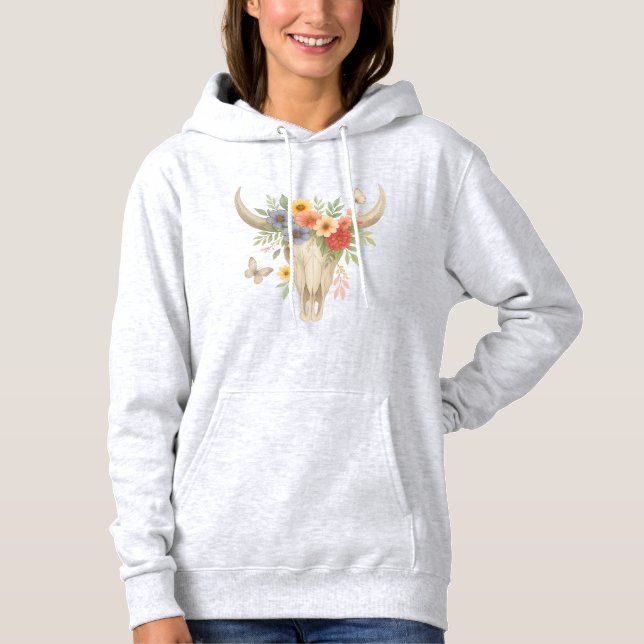Boho Gothic Floral Skull Hoodie (Front)