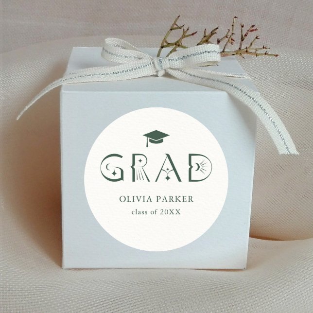 Boho GRAD Typography Green Classic Round Sticker (Creator Uploaded)