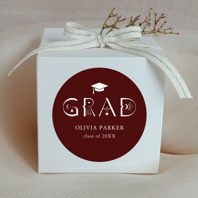 Boho GRAD Typography Maroon Classic Round Sticker (Creator Uploaded)