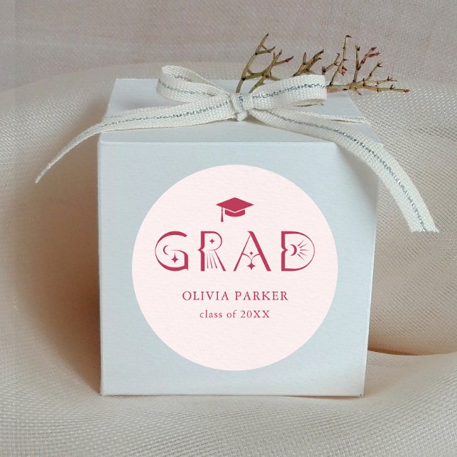 Boho GRAD Typography Pink Classic Round Sticker (Creator Uploaded)