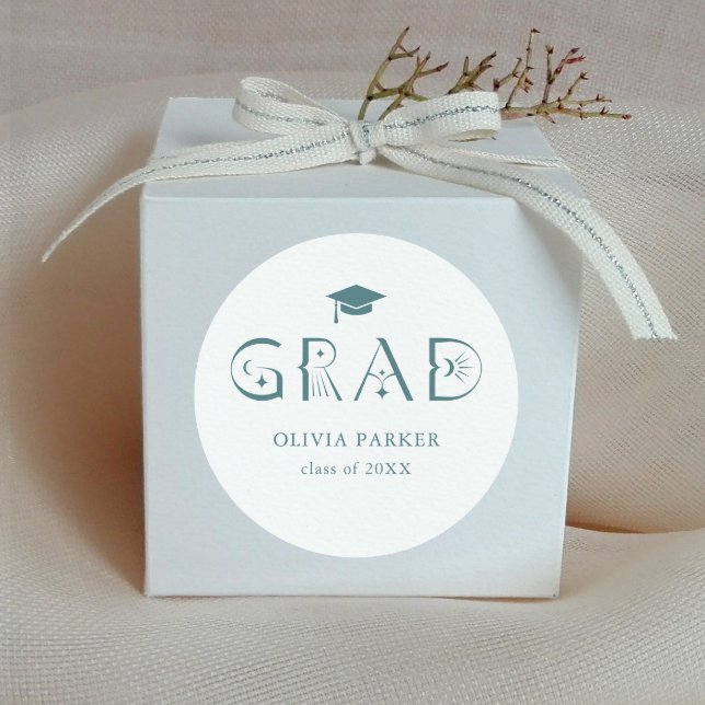 Boho GRAD Typography Teal Classic Round Sticker (Creator Uploaded)
