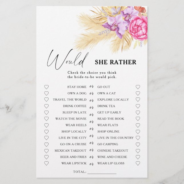 Boho grass - Would she rather bridal shower game (Front)