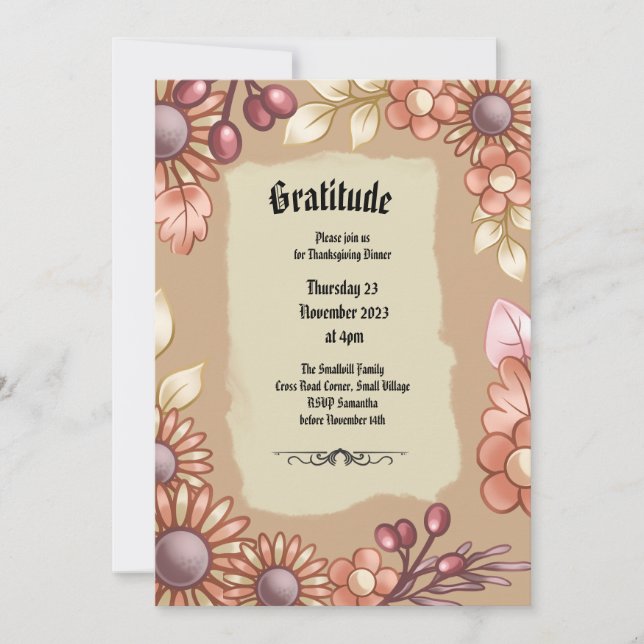 Boho Gratitude Old Fasion Dinner Invitation (Front)
