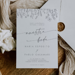 Boho Gray Calligraphy Wildflower Spanish Wedding  Invitation