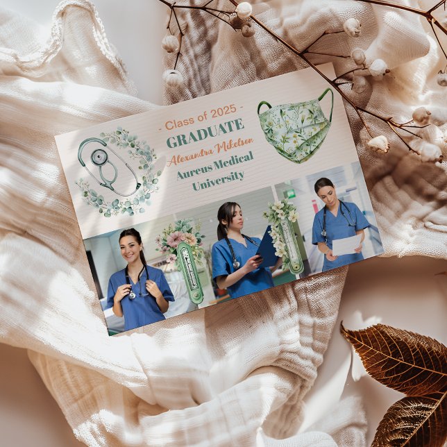 Boho Green 3 Photo Watercolor Nursing School Gradu Announcement (Creator Uploaded)