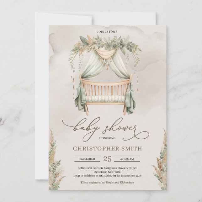 Boho green and brown pampas grass baby crib  invitation (Front)