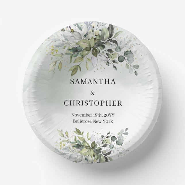 Boho green and gold eucalyptus foliage chic paper plate (Front)