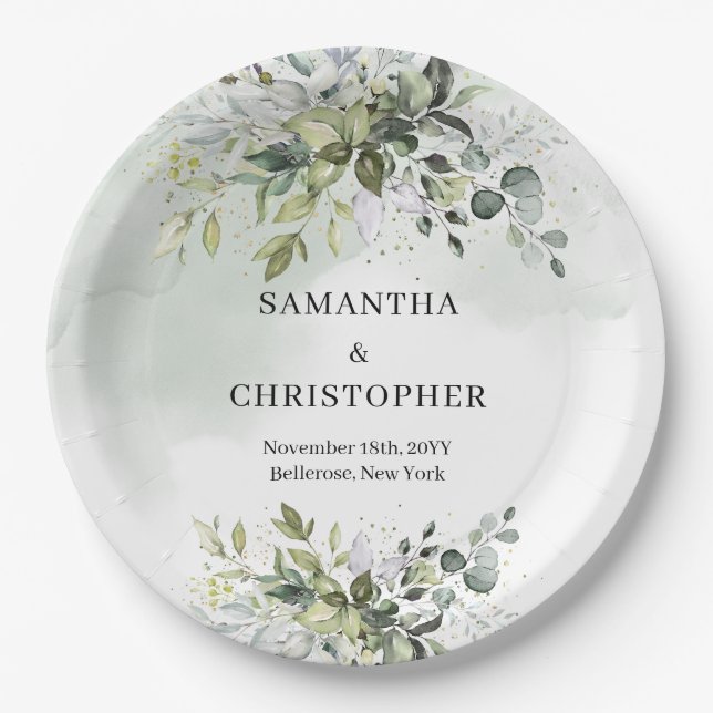 Boho green and gold eucalyptus foliage chic paper plate (Front)