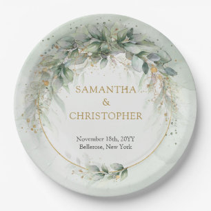 Boho green and gold eucalyptus foliage chic paper plate