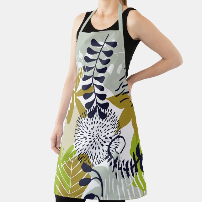 Boho Green and Navy Leaves Apron (Insitu)