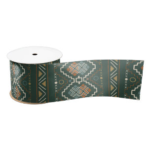 Boho Green and Terracotta Brown Tribal Pattern Satin Ribbon