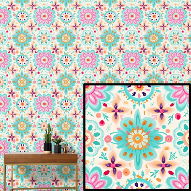 Boho Green Aqua Pink Flowers Abstract Floral Wallpaper (Creator Uploaded)