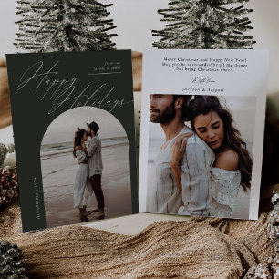 Boho Green Arch Photo Script Typography Christmas Holiday Card