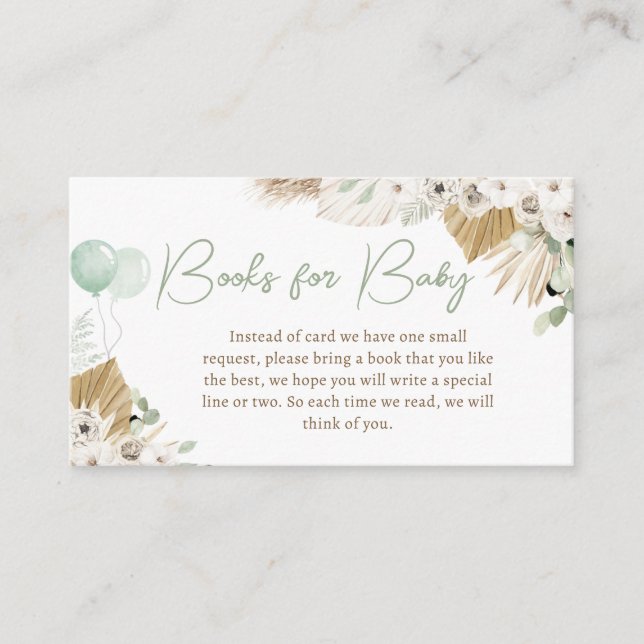 Boho Green Bear Baby Shower Books for Baby Enclosure Card (Front)