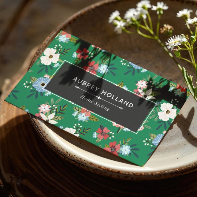 Boho Green Blue Coral Floral Pattern Business Card (Creator Uploaded)