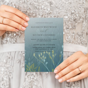 Boho Green Blue & Yellow Pressed Foliage Wedding   Invitation