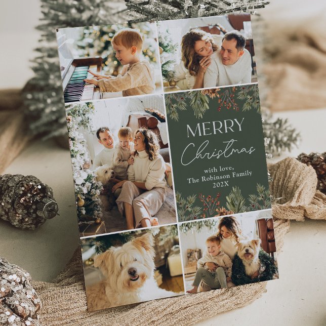 Boho Green Botanical Family Photo Christmas Card (Creator Uploaded)