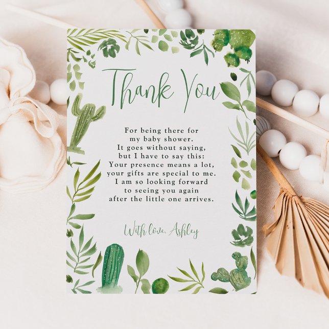 Boho green cactus gender neutral chic baby shower thank you card (Boho green cactus gender neutral chic baby shower thank you card)