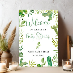 Boho green cactus gender neutral welcome shower poster