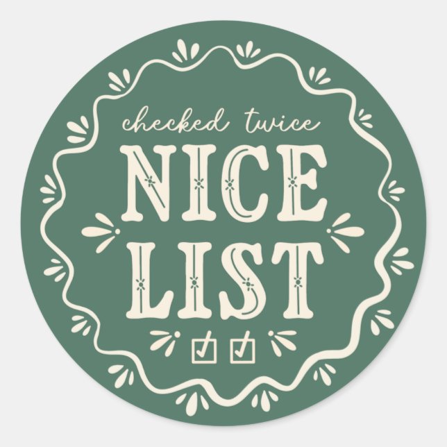 Boho green Christmas Nice List gift sticker (Front)