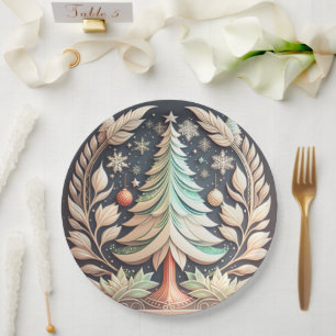 Boho Green Christmas Tree Illustration  Paper Plate