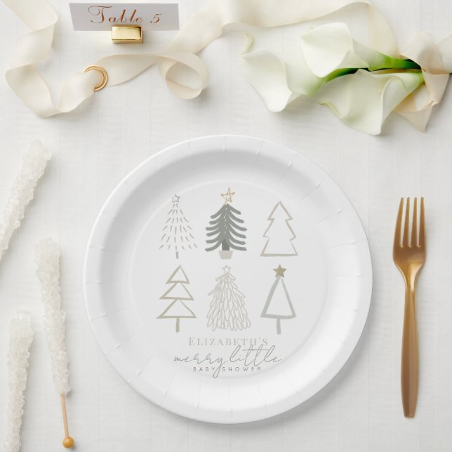 Boho Green Christmas Trees Baby Shower Paper Plate (Wedding)