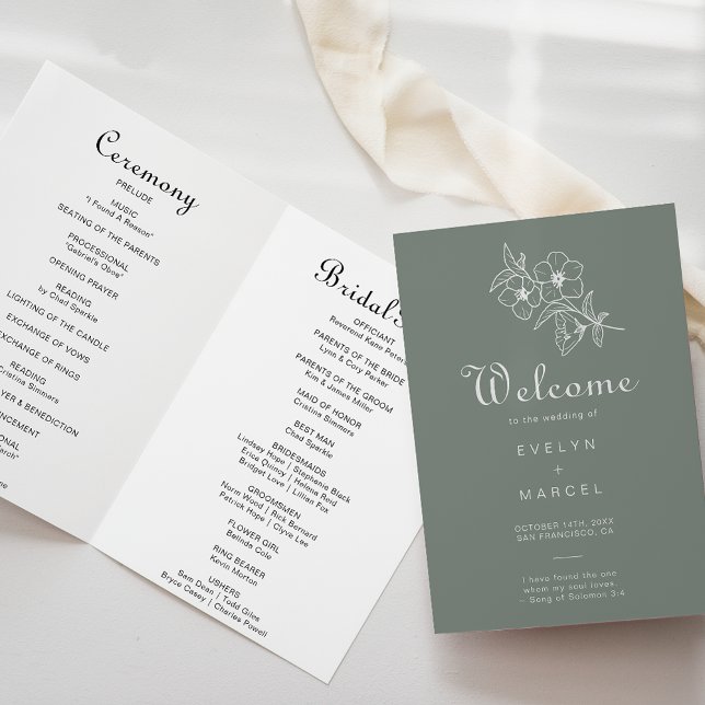 Boho Green Destination Floral Folded Wedding  Programme (Creator Uploaded)