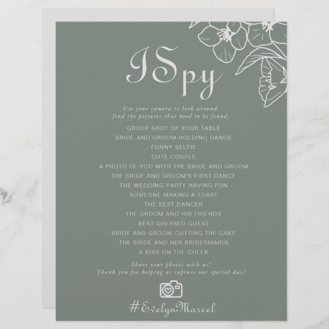 Boho Green Destination Floral I Spy Wedding Game (Front/Back)