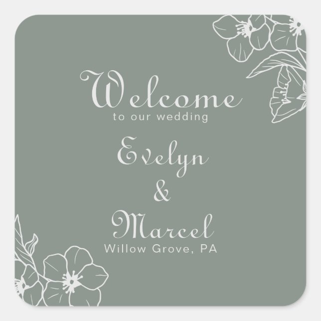 Boho Green Destination Floral Wedding Welcome  Square Sticker (Front)