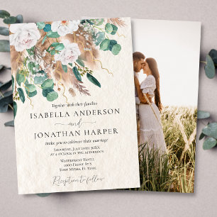 Boho Green Eucalyptus Beige Pampas Photo Wedding Invitation