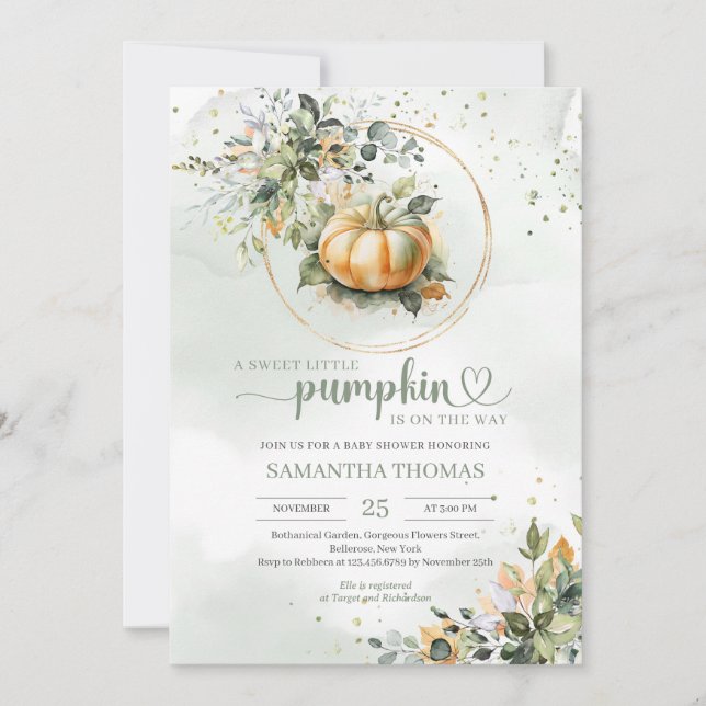Boho green eucalyptus fall leaves little pumpkin invitation (Front)