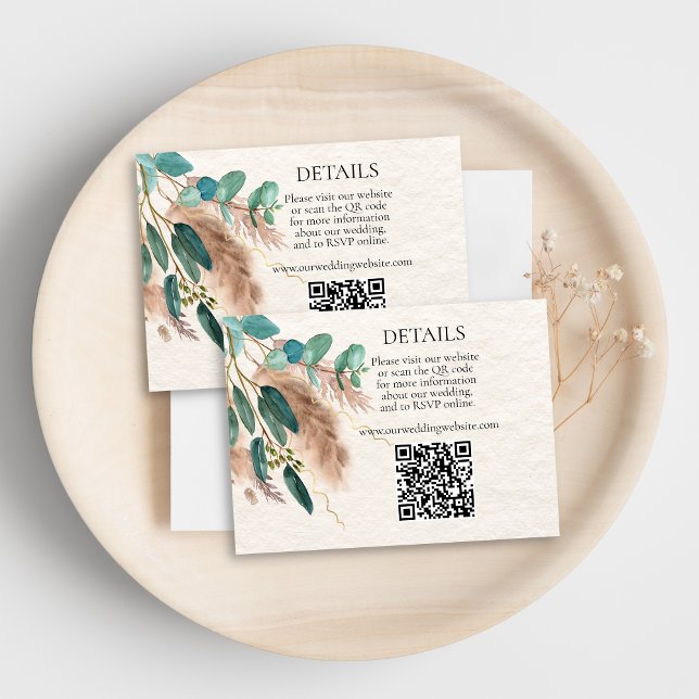 Boho Green Eucalyptus Pampas Grass QR Code Wedding Enclosure Card (Creator Uploaded)