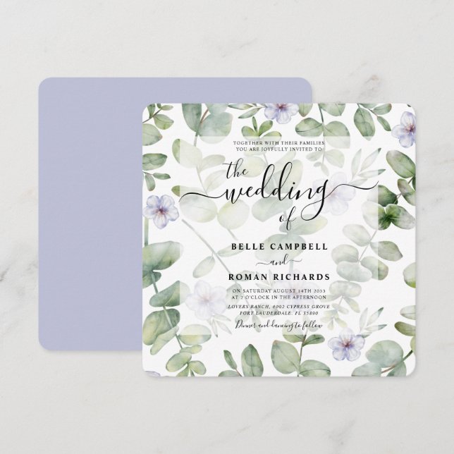 Boho Green Eucalyptus & Purple Floral Wedding  Invitation (Front/Back)