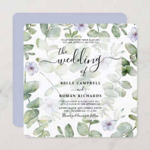 Boho Green Eucalyptus & Purple Floral Wedding  Invitation
