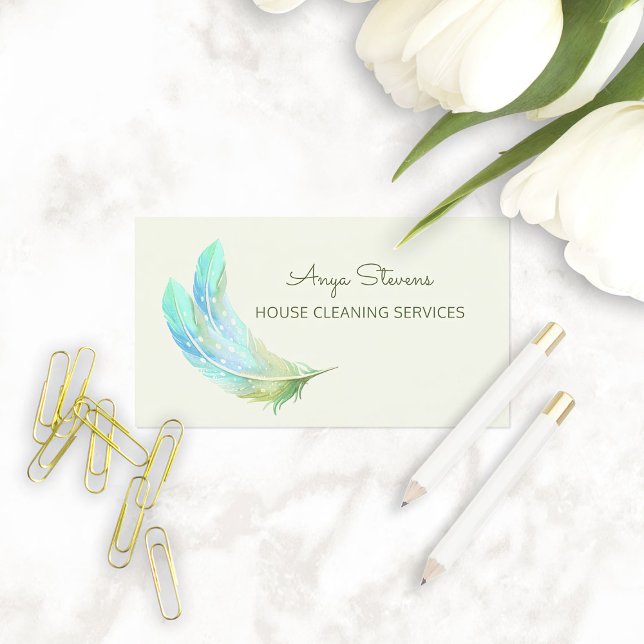 Boho Green Feathers House Cleaning Services Business Card (Boho Green Feathers House Cleaning Services Business Cards)