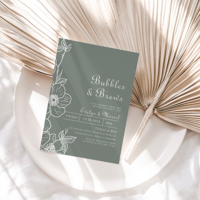 Boho Green Floral Bubbles & Brews Bridal shower   Invitation (Creator Uploaded)