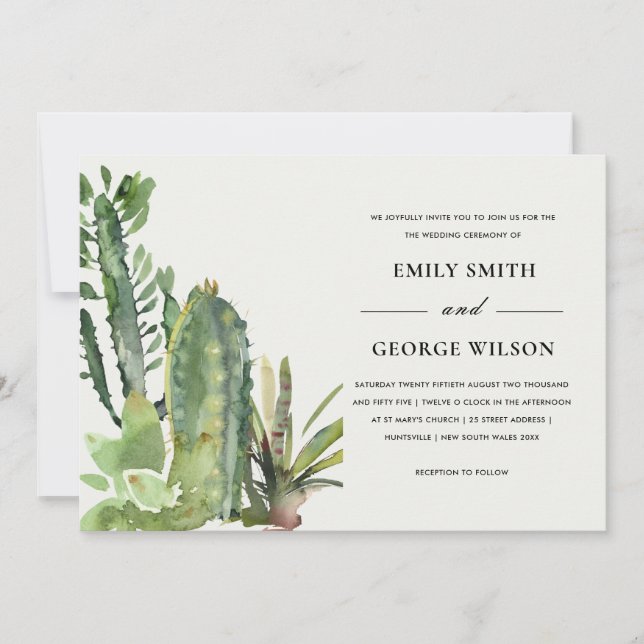 BOHO GREEN FLORAL DESERT CACTI FOLIAGE WEDDING INVITATION (Front)