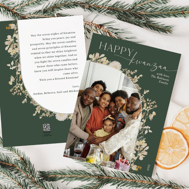 Boho Green Floral Happy Kwanzaa Photo  Holiday Card (Creator Uploaded)