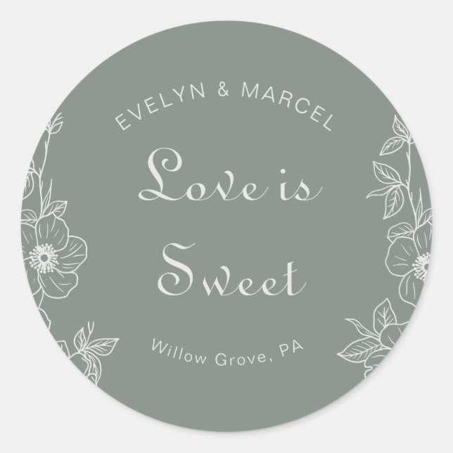 Boho Green Floral Wedding Love is Sweet  Classic Round Sticker (Front)
