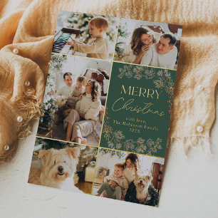 Boho Green Gold 5 Photo Family Christmas Card