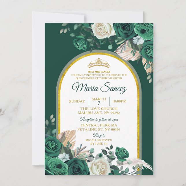 Boho Green Gold Floral Mexican Quinceañera Invitation (Front)