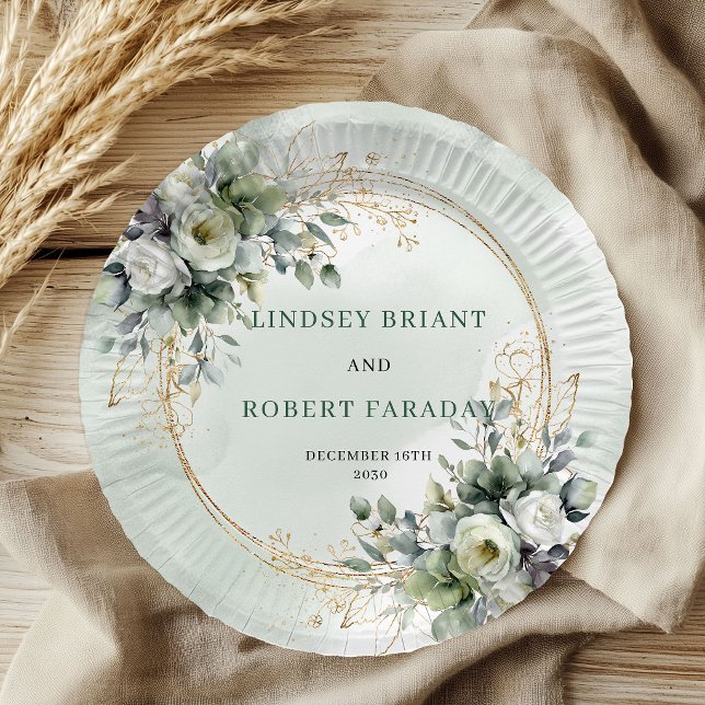 Boho Green Gold Personalised Eucalyptus Wedding  Paper Plate (Boho Green Gold Personalized Eucalyptus Wedding Plates)