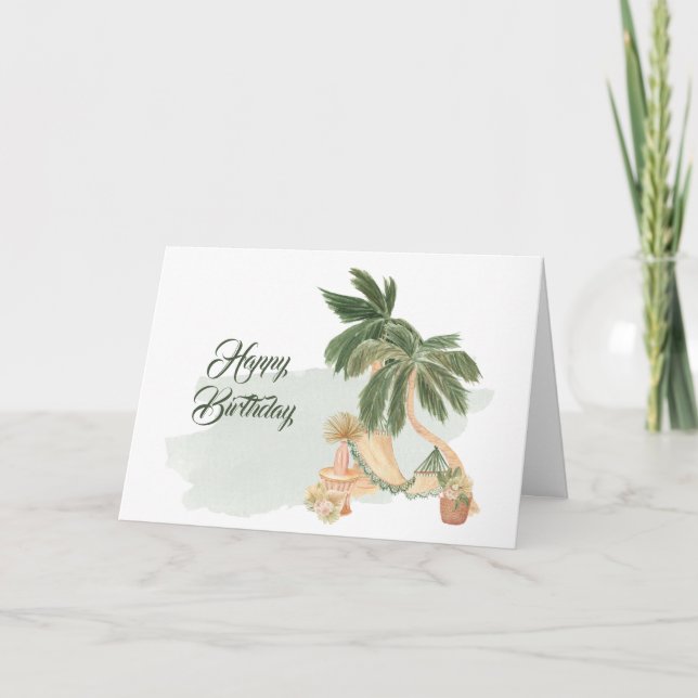 Boho Green Hammock Palm Trees Floral Birthday Card (Front)