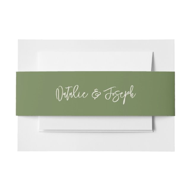 Boho Green Hand Written Unique Modern Wedding Invitation Belly Band (Front Example)