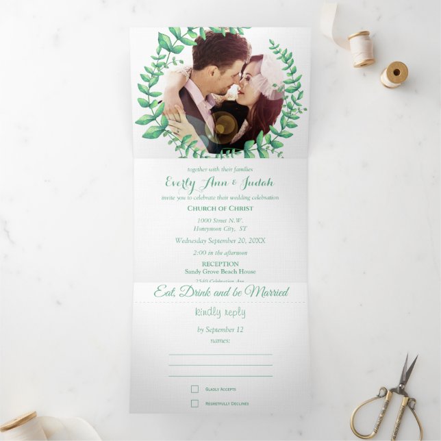 Boho Green Leaf Mint Green Ash Wreath Wedding Tri-Fold Invitation (Inside)
