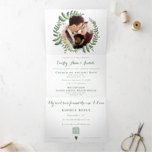 Boho Green Leaf Mint Green Ash Wreath Wedding Tri-Fold Invitation