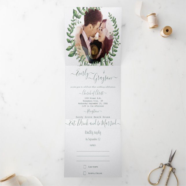 Boho Green Leaf Olive Green Ash Wreath Wedding Tri Tri-Fold Invitation (Inside)